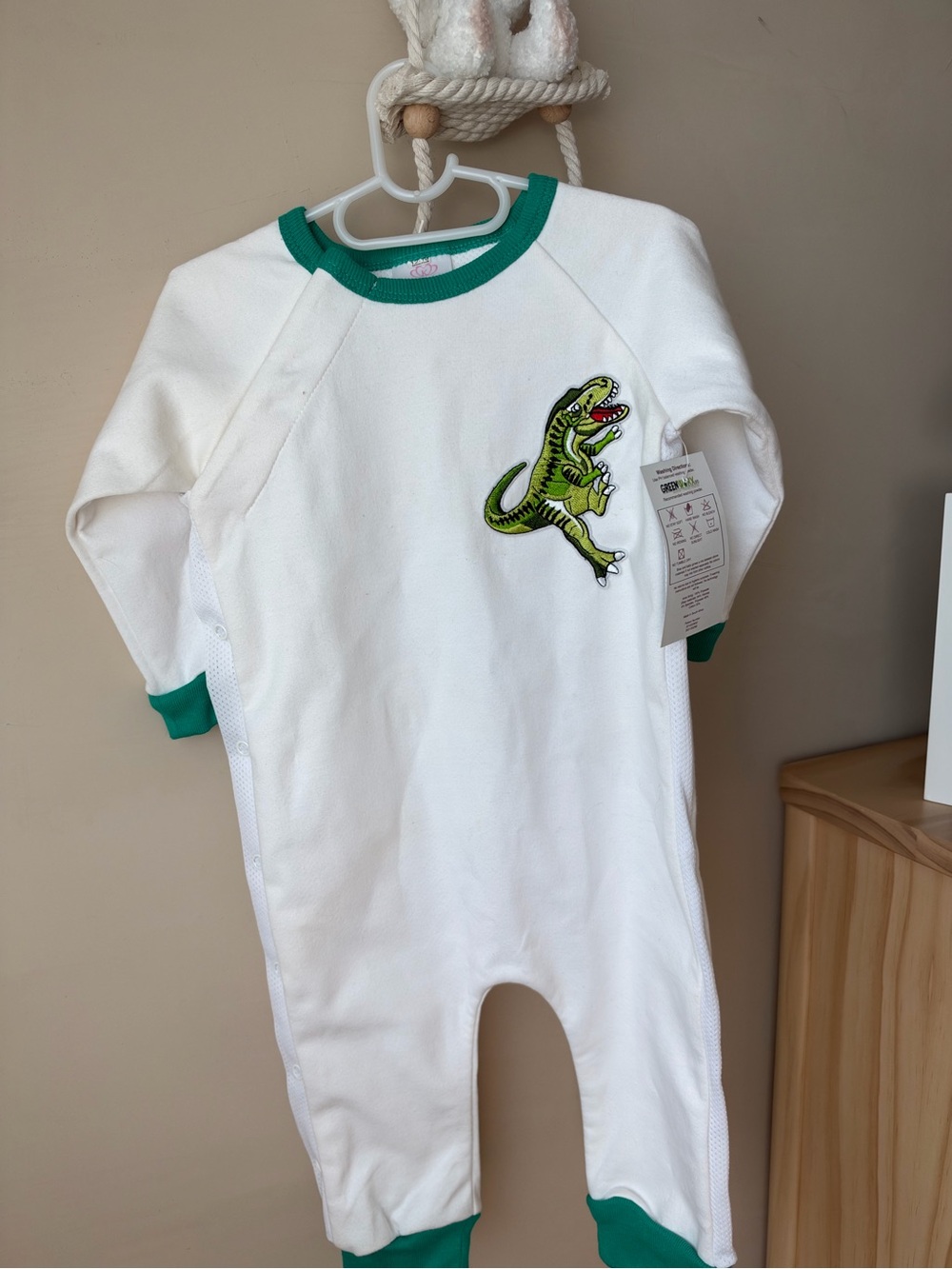 White & Green Dino Patch Kids One-Piece Romper